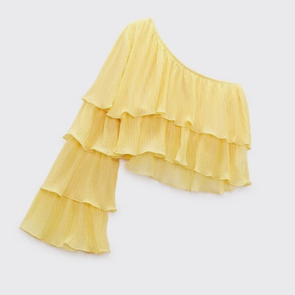 🌟Yellow Ruffled One-Shoulder Top - Picture 4 of 4